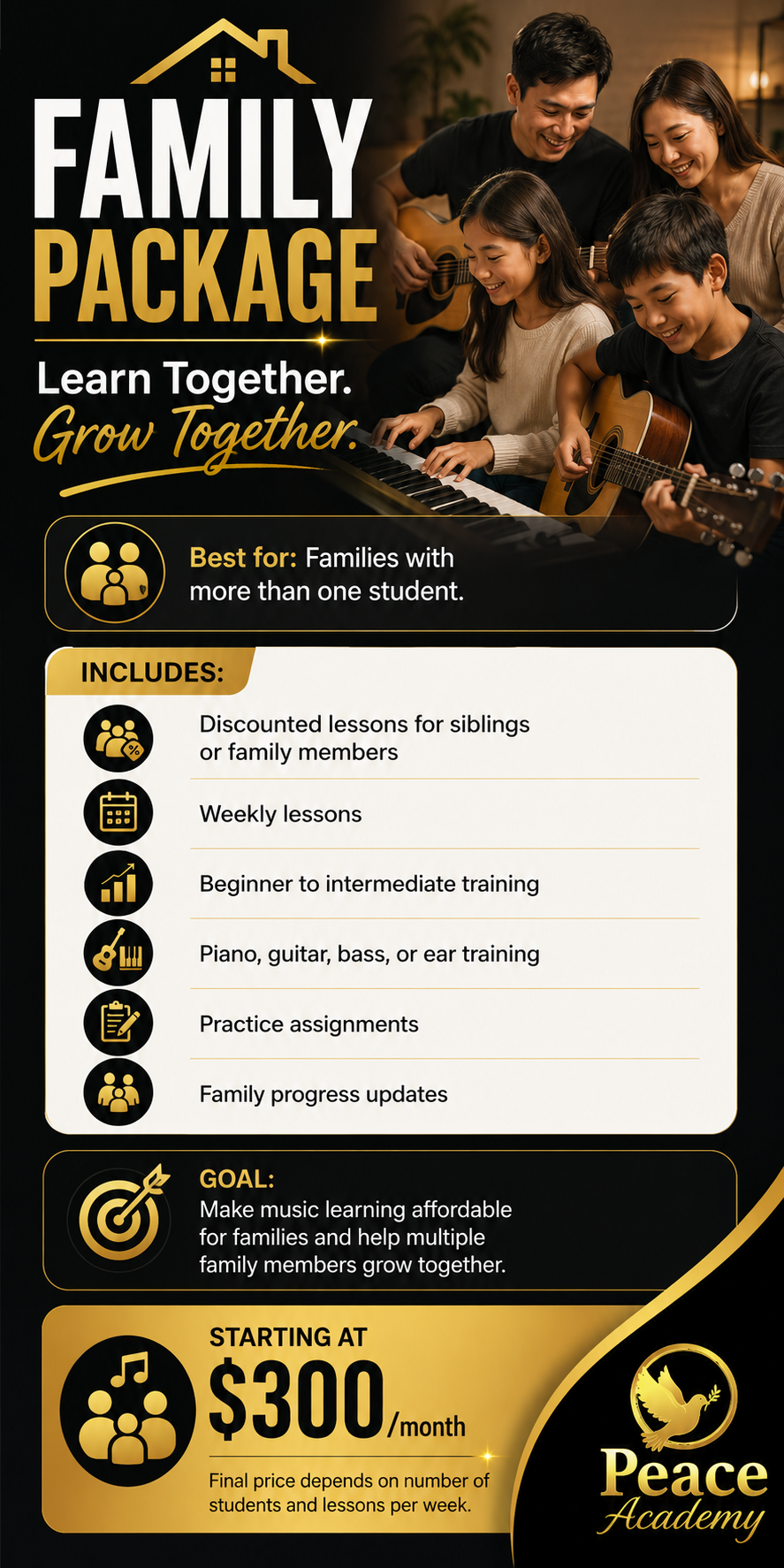 Peace Academy Family Package — discounted family music lessons in Aurora, Colorado starting at $300/month