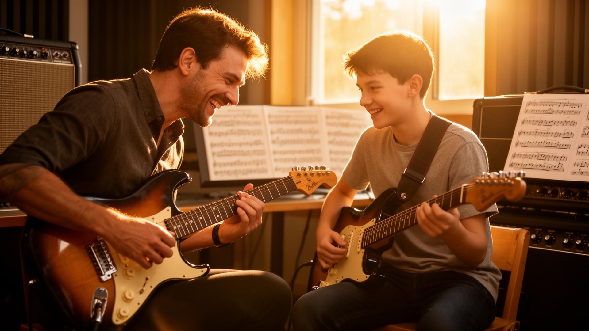 Music instructor teaching a teen guitar student at Peace Academy